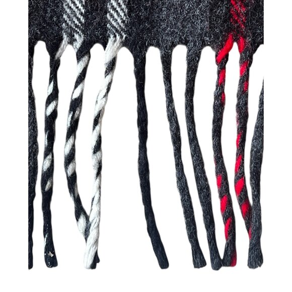 Wool & Cashmere Co Italian Plaid Scarf 11.5" x 60" Charcoal Black Red & White - Picture 3 of 8